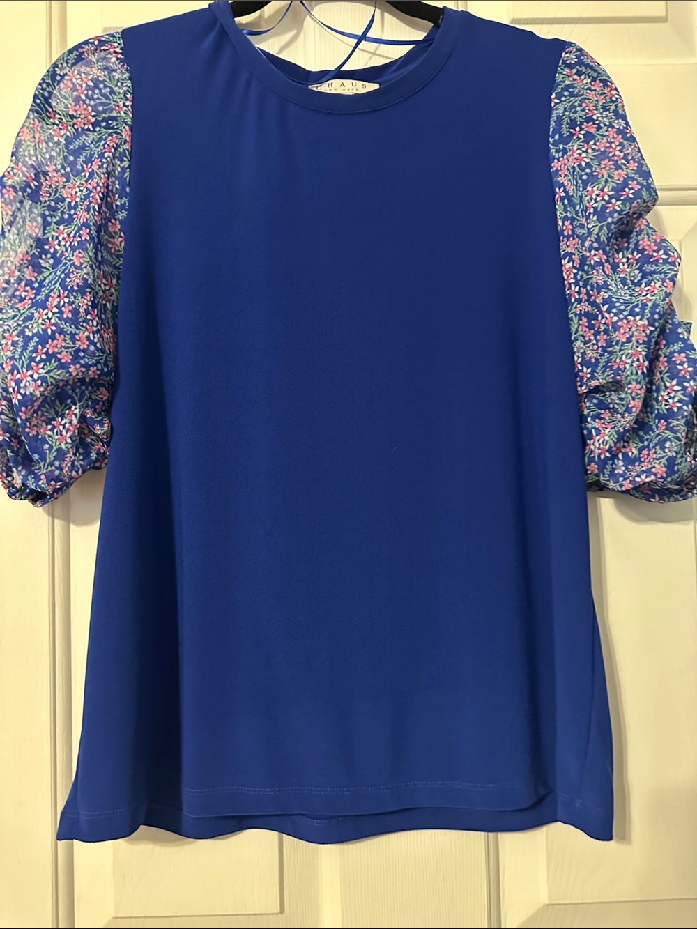 Chaus Royal Blue Short-Sleeve Top with sheer Floral Puff Sleeves